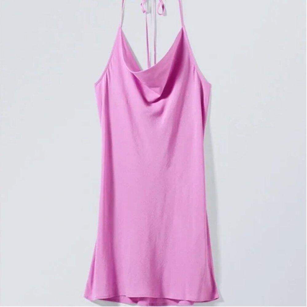 Weekday Halter Slip Dress in Light Purple Pink Cowl Neck Tie Mini Short